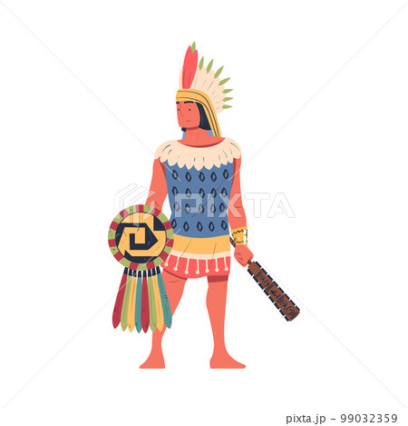 Mayan man in traditional costume and headdress cartoon vector illustration Mayan man in traditional costume and headdress cartoon vector illustration 99032359