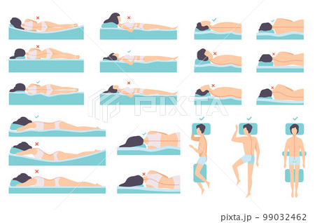 Correct and incorrect posture of spine during sleep set. Men and women sleeping in different poses cartoon vector Correct and incorrect posture of spine during sleep set. Men and women sleeping in different poses cartoon vector 99032462