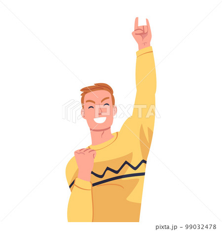 Lucky Man Celebrating Success and Victory Showing Horn Sign Gesture Feeling Excitement Vector Illustration Lucky Man Celebrating Success and Victory Showing Horn Sign Gesture Feeling Excitement Vector Illustration 99032478