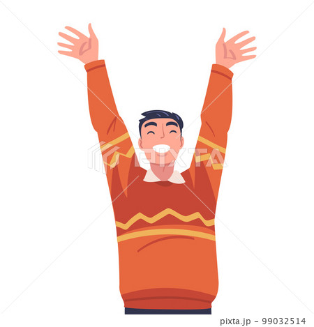 Lucky Man Celebrating Success and Victory Raising Hands in Excitement Vector Illustration 99032514