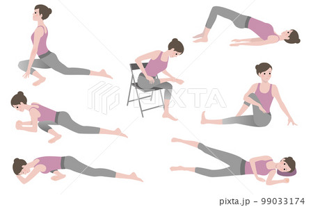 中殿筋ストレッチをする女性のイラストセット、ダイエット、ボディメイク、腰痛予防 99033174