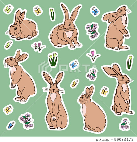 Spring hand drawn set of stickers with rabbits Spring hand drawn set of stickers with rabbits 99033175