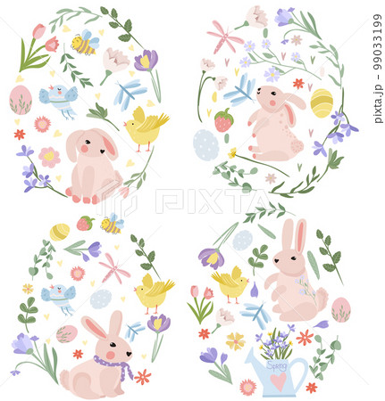 Easter egg from bright flowers, eggs, cute rabbit, chickens. Spring flowers. Concept of holiday, joy, happiness. Ideal for banners, cards, posters, stickers. Vector illustration. 99033199