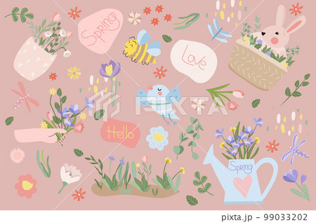 Spring composition with a cute rabbit, a bouquet of flowers vase, a bird, green leaves on the inscription spring. Bright compositions for posters, banners, cards, Easter, spring holidays. Vector. 99033202