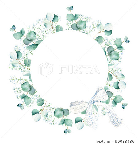 Eucalyptus and gypsophila branches with white lace bow. Watercolor circle frame isolated on white background. Hand drawn botanical illustration. Can be used for logo design, as invitation card for 99033436