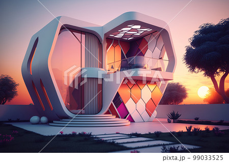 Playful surreal architecture. Super modern extravagant house. Surreal modern villa. Futuristic luxury geometric architecture Playful surreal architecture. Super modern extravagant house. Surreal modern villa. Futuristic luxury geometric architecture 99033525