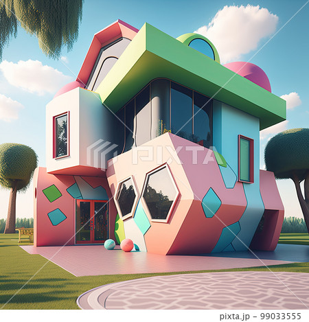 Playful surreal architecture. Super modern extravagant house. Surreal modern villa. Futuristic luxury geometric architecture Playful surreal architecture. Super modern extravagant house. Surreal modern villa. Futuristic luxury geometric architecture 99033555