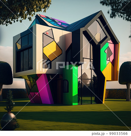 Playful surreal architecture. Super modern extravagant house. Surreal modern villa. Futuristic luxury geometric architecture Playful surreal architecture. Super modern extravagant house. Surreal modern villa. Futuristic luxury geometric architecture 99033566