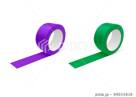 Vector 3d Realistic Glossy Purple and Green Tape Roll Icon Set, Mock-up Closeup Isolated on White Background. Design Template of Packaging Sticky Tape Roll or Adhesive Tape for Mockup. Front View 99033816