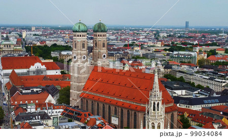 Most famous church in Munich - the Frauenkirche Cathedral in the historic district - aerial view 99034084