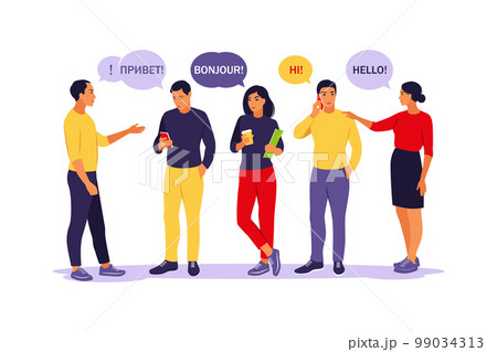 Young people saying hello in different languages. Students with speech bubbles. Communication, teamwork and connection concept. Vector illustration. Flat. Young people saying hello in different languages. Students with speech bubbles. Communication, teamwork and connection concept. Vector illustration. Flat. 99034313
