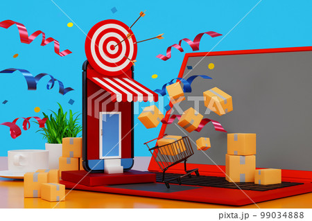 Concept of online shopping on website store with smartphone, trolley and parcel decoration 3D render Concept of online shopping on website store with smartphone, trolley and parcel decoration 3D render 99034888
