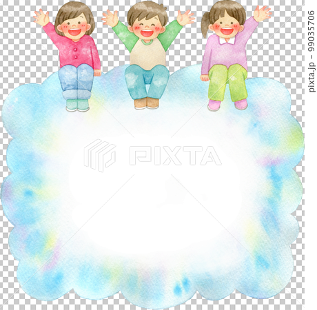 大きな雲の上に座って手を振る笑顔の子供たちの水彩イラスト(フレーム