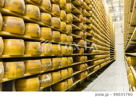 Parmigiano Cheese factory production shelves with aging cheese i 99035760