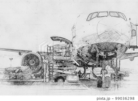loading cargo into the aircraft before departure, pencil sketch 99036298
