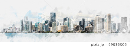 Watercolor painting illustration of Miami Downtown skyline in daytime with Biscayne Bay 99036306