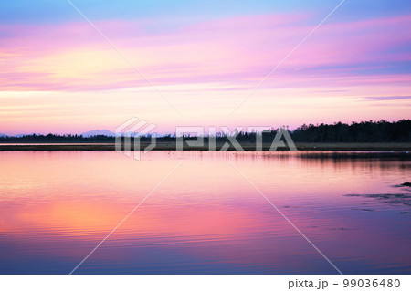 夕焼け空の風連湖 北海道 夕焼け空の風連湖 北海道 99036480