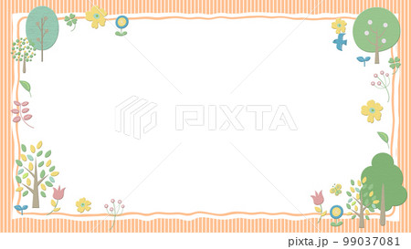 鳥や蝶が飛び回る、木と草花のフレーム 　  背景白色  ストライプ　 99037081