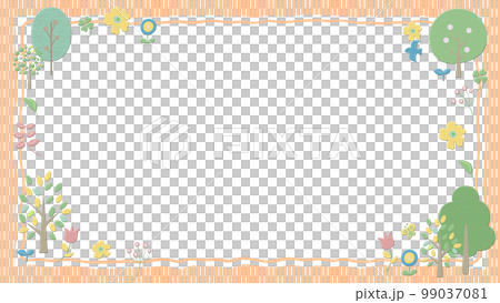 鳥や蝶が飛び回る、木と草花のフレーム 　  背景白色  ストライプ　 99037081