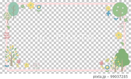 Birds and butterflies fly around, frame of trees and flowers, white background, simple lines 99037285