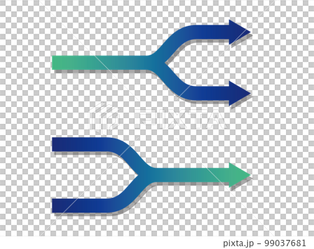 青と緑のグラデーションの二股に分かれている矢印と結合を表す矢印 99037681