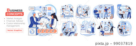 Market statistics analysis metaphor, financial advisor, customer relationship management business themes set 99037819