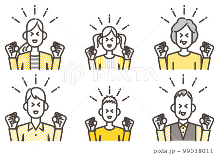 ガッツポーズする家族（祖父母、親子）【ベクターイラスト素材】 99038011