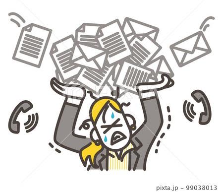 仕事が忙しい業務過多の若い女性会社員【人物ベクターイラスト素材】 99038013