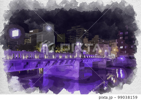 水彩画風　京橋　京橋川リバーサイド　広島県広島市 99038159