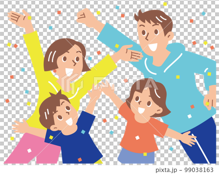 A family of four cheerfully smiling and doing a guts pose in the confetti 99038163