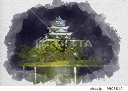 水彩画風　広島城　天守閣　広島県広島市 99038194