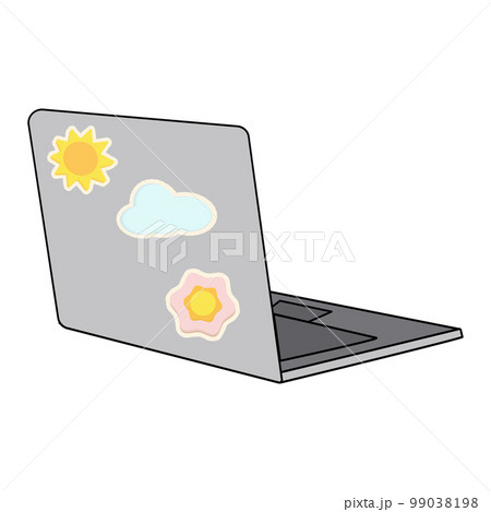 Isometric image of a laptop with bright stickers on the cover of the sun, cloud and flower. Sticker 99038198