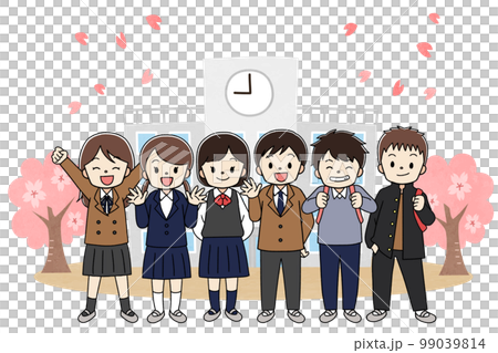 春天，櫻花和穿著校服的小學生，6人，有一條線 99039814