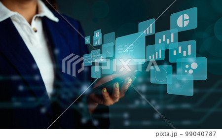 Technology and Business. Businesswoman holding smartphone and connecting digital data blue icon future lifestyle.. 99040787
