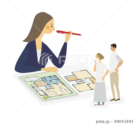 マイホームの間取りを考える夫婦と担当者 99041695