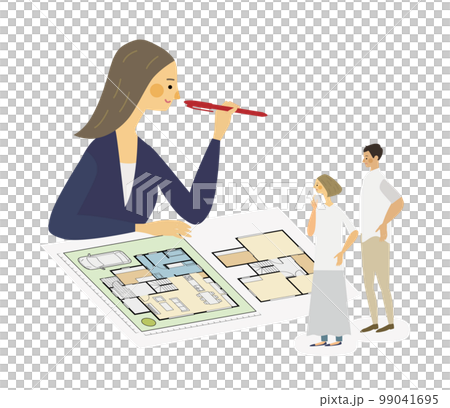 マイホームの間取りを考える夫婦と担当者 99041695