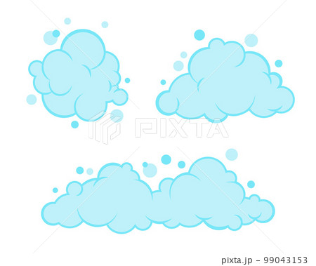 Soap foam set with bubbles. Carton light blue suds of bath water, shampoo, shaving, mousse. Vector illustration isolated on white background. 99043153