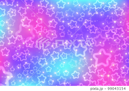 Pink sky with stars and bokeh. Kawaii fantasy background. Magic glitter space with iridescent texture. Abstract vector wallpaper 99043154