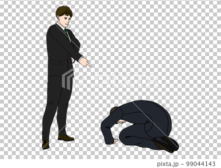 一組簡單的彩色插圖，其中包括一名跪下的商人的全身後視圖和一個憤怒的男子指著手指的全身前視圖。 99044143