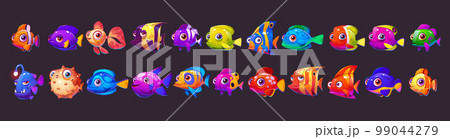 Cartoon set of cute sea fish on dark background Cartoon set of cute sea fish on dark background 99044279