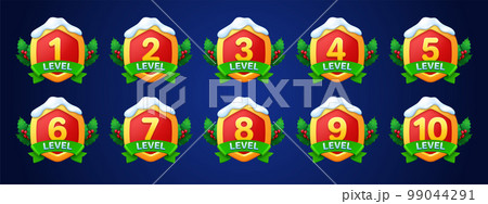 Game badges with level number, holly berry, leaves 99044291