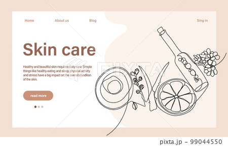 Skin care concept. Landing page template. Morning routine. Bath time. Organic products for scrubbing and body skin care with natural herbal skin care products, top view. Vector illustration 99044550