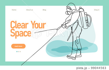 Continuous one line drawing of hand wearing rubber gloves cleaning surface with microfiber cloth or sponge and disinfectant spray during quarantine due. Easy to place your text and brand logo 99044563