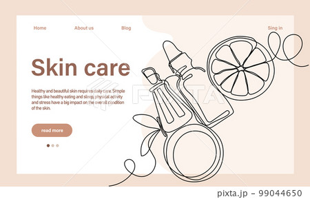 Skin care concept. Landing page template. Morning routine. Bath time. Organic products for scrubbing and body skin care with natural herbal skin care products, top view. Vector illustration 99044650