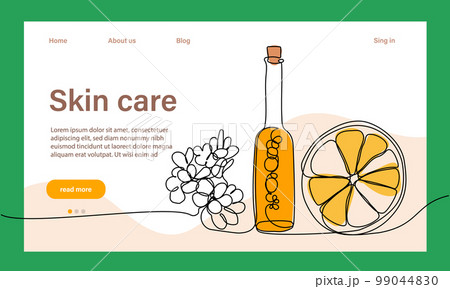 Skin care concept. Landing page template. Morning routine. Bath time. Organic products for scrubbing and body skin care with natural herbal skin care products, top view. Vector illustration Skin care concept. Landing page template. Morning routine. Bath time. Organic products for scrubbing and body skin care with natural herbal skin care products, top view. Vector illustration 99044830
