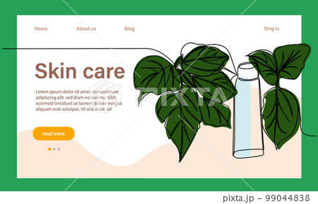Skin care concept. Landing page template. Morning routine. Bath time. Organic products for scrubbing and body skin care with natural herbal skin care products, top view. Vector illustration Skin care concept. Landing page template. Morning routine. Bath time. Organic products for scrubbing and body skin care with natural herbal skin care products, top view. Vector illustration 99044838