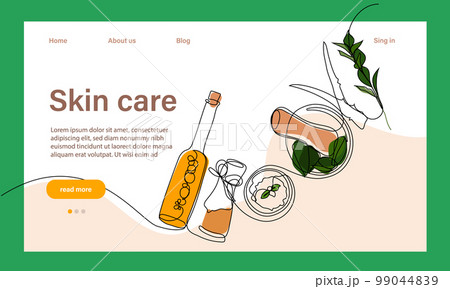 Skin care concept. Landing page template. Morning routine. Bath time. Organic products for scrubbing and body skin care with natural herbal skin care products, top view. Vector illustration 99044839