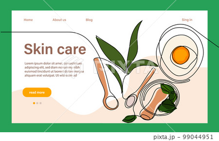 Skin care concept. Landing page template. Morning routine. Bath time. Organic products for scrubbing and body skin care with natural herbal skin care products, top view. Vector illustration 99044951