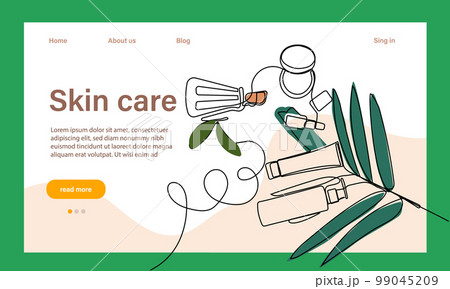 Skin care concept. Landing page template. Morning routine. Bath time. Organic products for scrubbing and body skin care with natural herbal skin care products, top view. Vector illustration 99045209