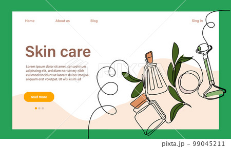 Skin care concept. Landing page template. Morning routine. Bath time. Organic products for scrubbing and body skin care with natural herbal skin care products, top view. Vector illustration Skin care concept. Landing page template. Morning routine. Bath time. Organic products for scrubbing and body skin care with natural herbal skin care products, top view. Vector illustration 99045211